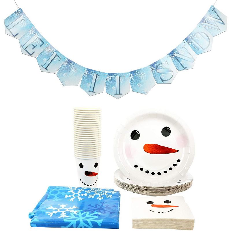 Blue Panda 75 Piece Christmas Snowman Disposable Party Supplies Serves 24 - Banner, Tablecloth, Napkin, Cup & Cutlery