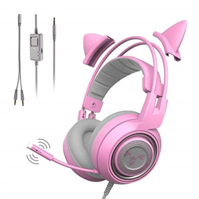 somic g951s pink gaming headset with mic for ps4, xbox one, pc, mobile phone, 3.5mm sound detachable cat ear headphones lightweight selfadjusting over ear headphones for women