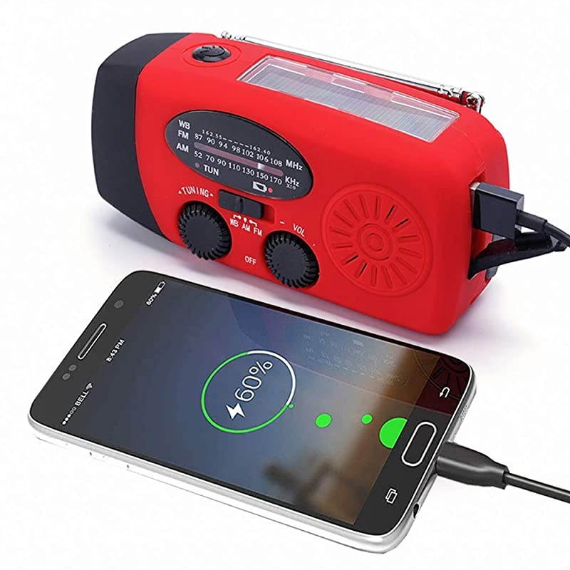Weather Radio Hand Crank Self Powered Solar Emergency Radios with 3 LED Flashlight 1000mAh Power Bank Smart Phone Charger Red