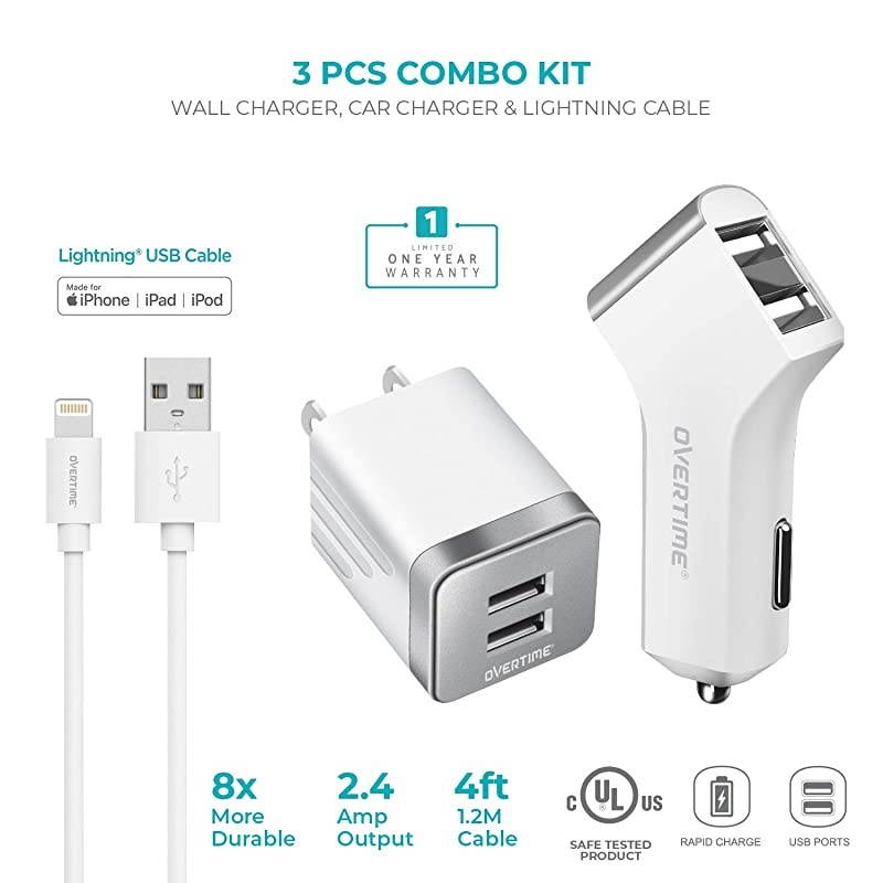 iPhone Charger,  Apple MFi Certified 4ft Lightning USB Cable with Dual Port Wall & Car Charger Adapter for iPhone 11 Pro Max X Xs XR 8 7 6s 5 SE, iPad Pro Air Mini - White