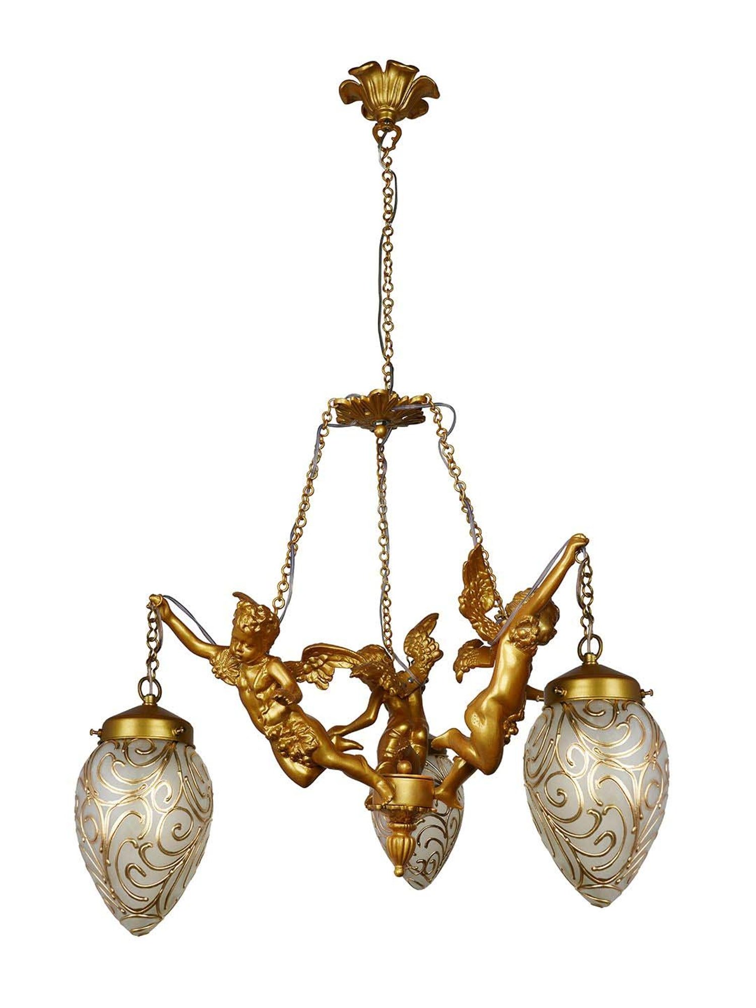 FOS LIGHTING Golden & White Aluminium 3-In-1 Oval Chandelier With Glass Shade