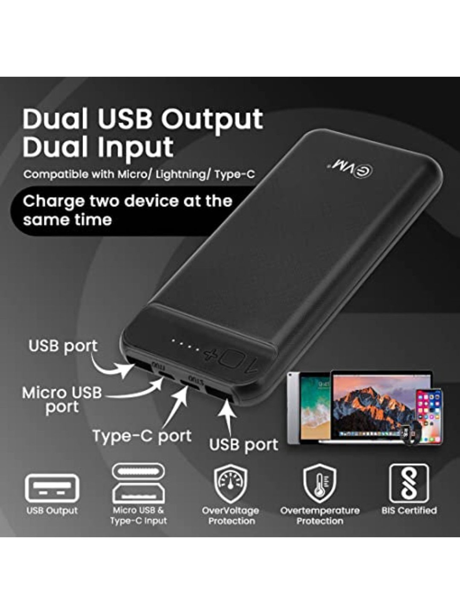 EVM Encharge Lithium-Polymer Power Bank 10000mAh with Micro USB Cable (Black)