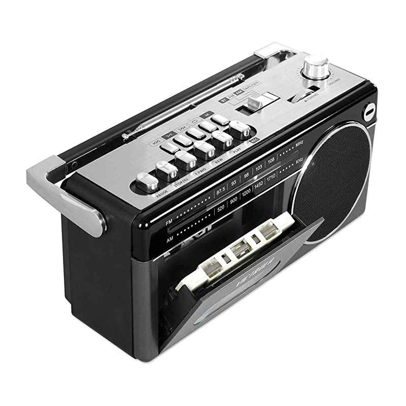 Mini Bluetooth Boombox with Cassette Player Recorder and AmFM Radio Grey