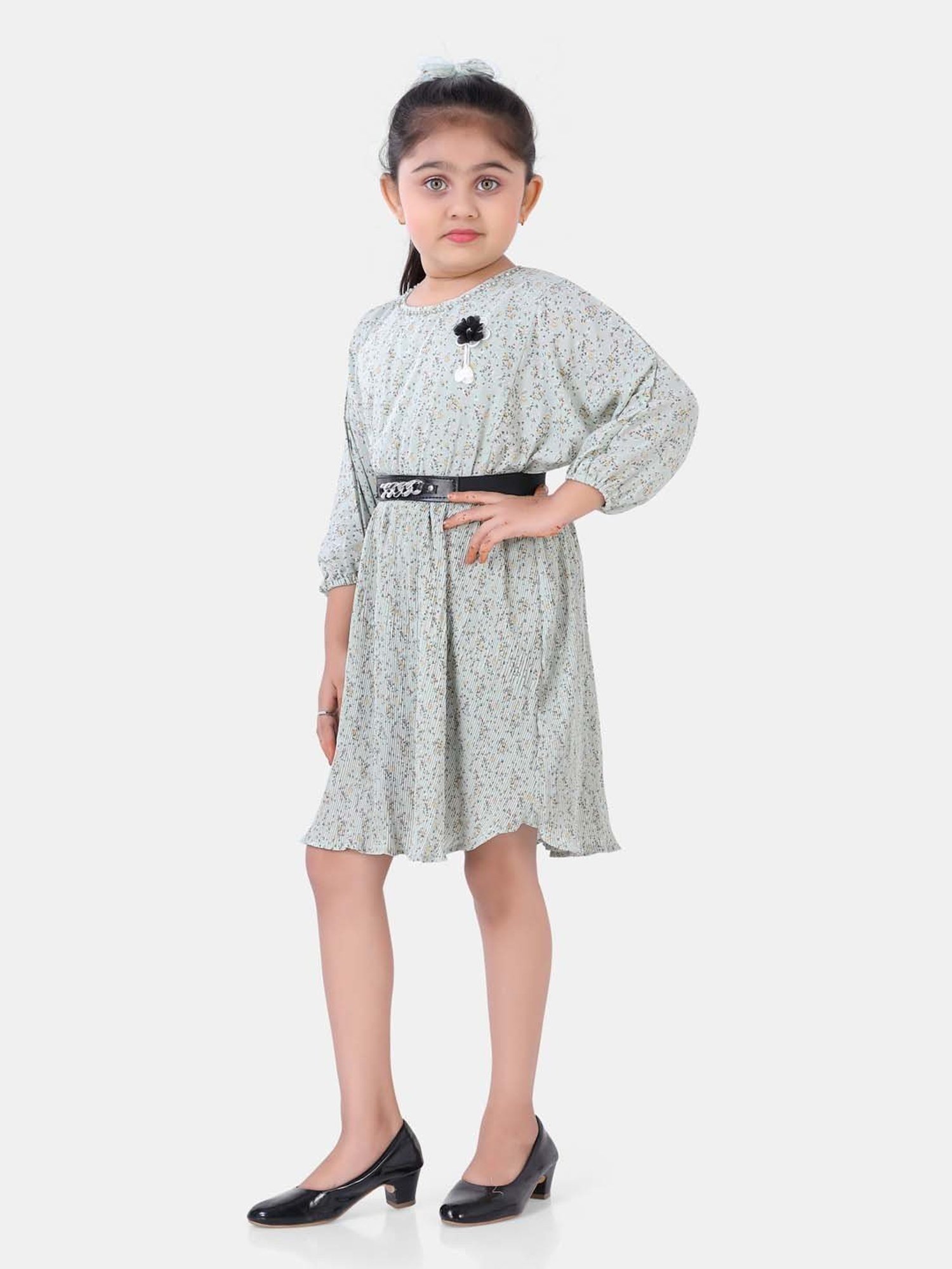 poplins Kids Green Cotton Floral Print Dress