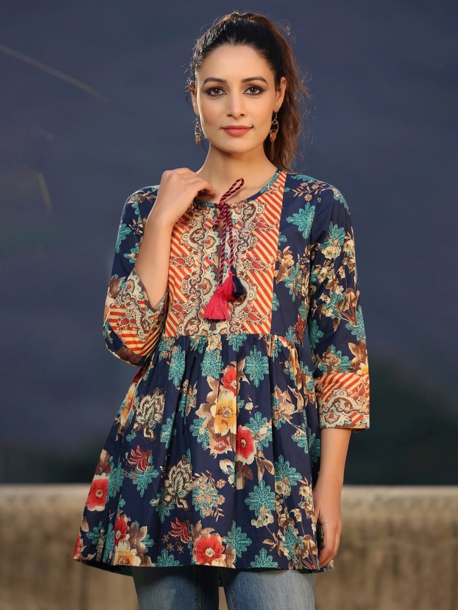 Rain and Rainbow Blue Cotton Printed Top