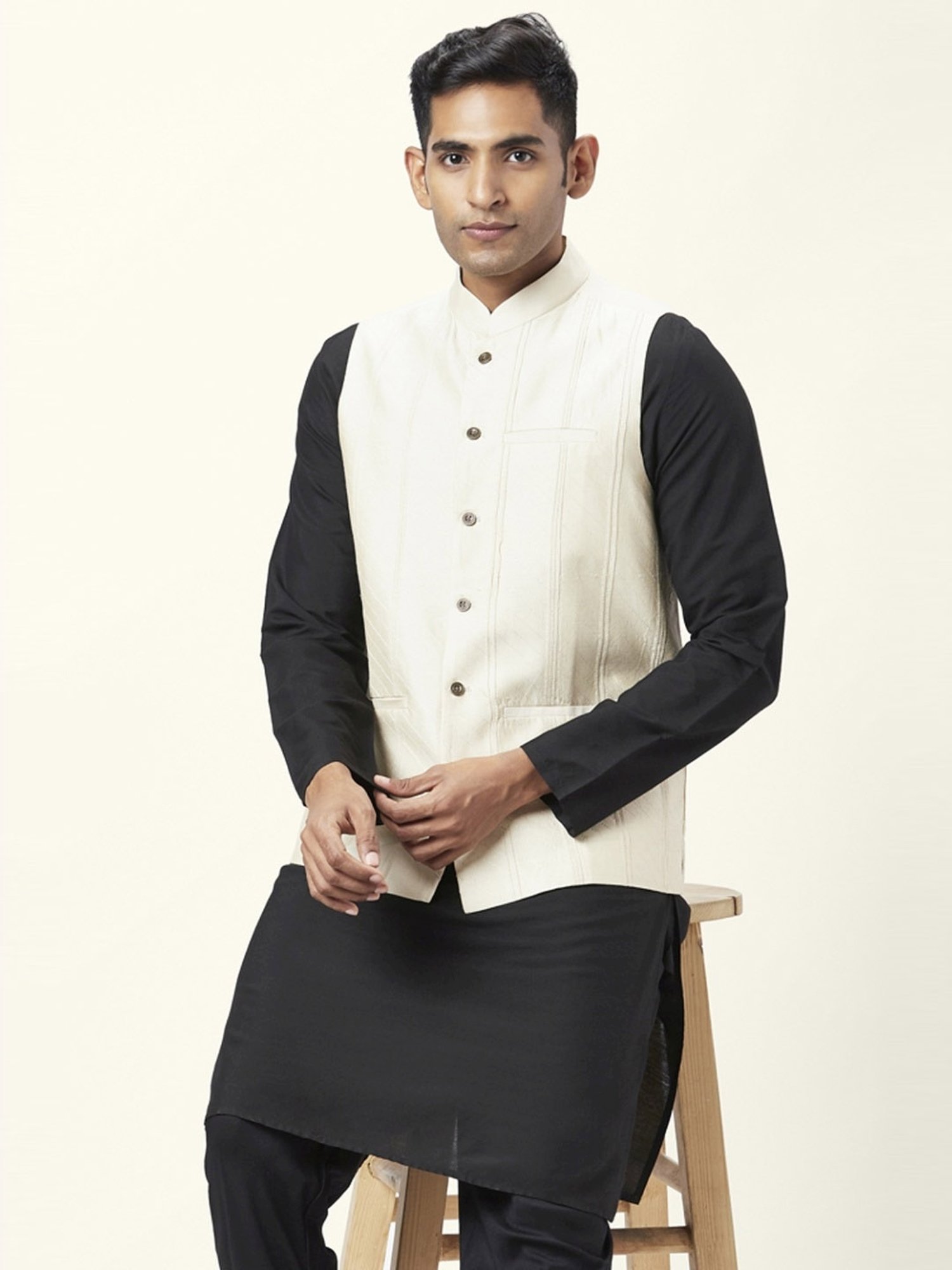 Indus Route By Pantaloons Beige Regular Fit Embroidered Nehru Jacket