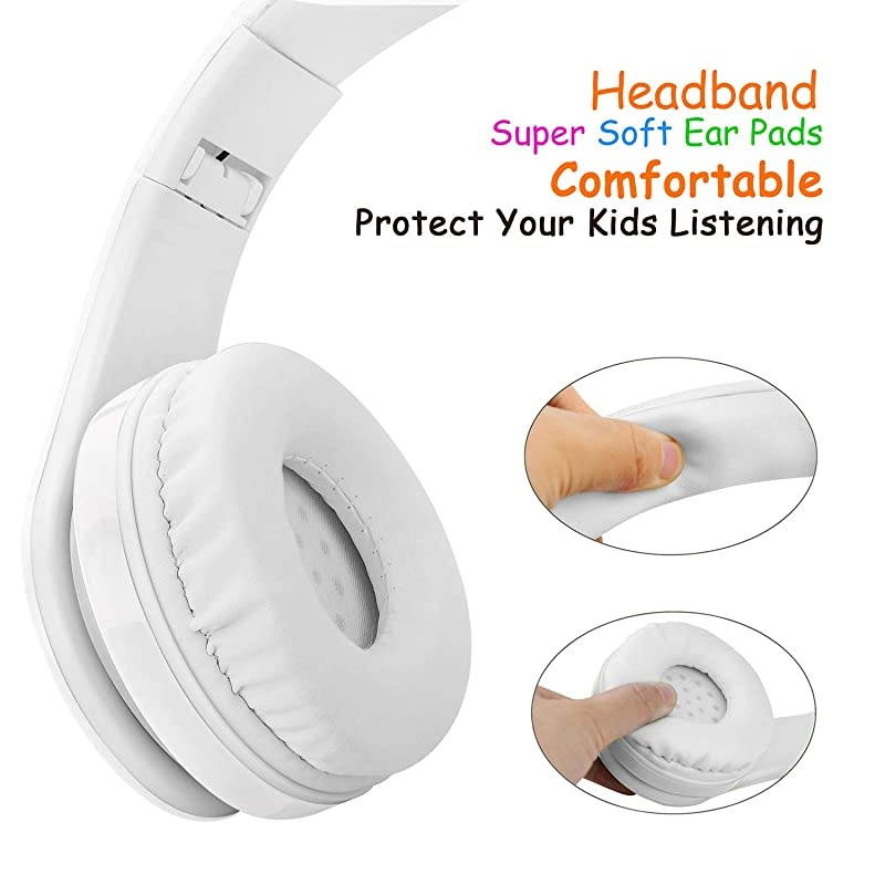 Headphones for Kids, 85db Volume Limited, up to 6-8 Hours Play, Stereo Sound, SD Card Slot, Over-Ear and Build-in Mic Wireless/Wired Headphones for Boys Girls(White)