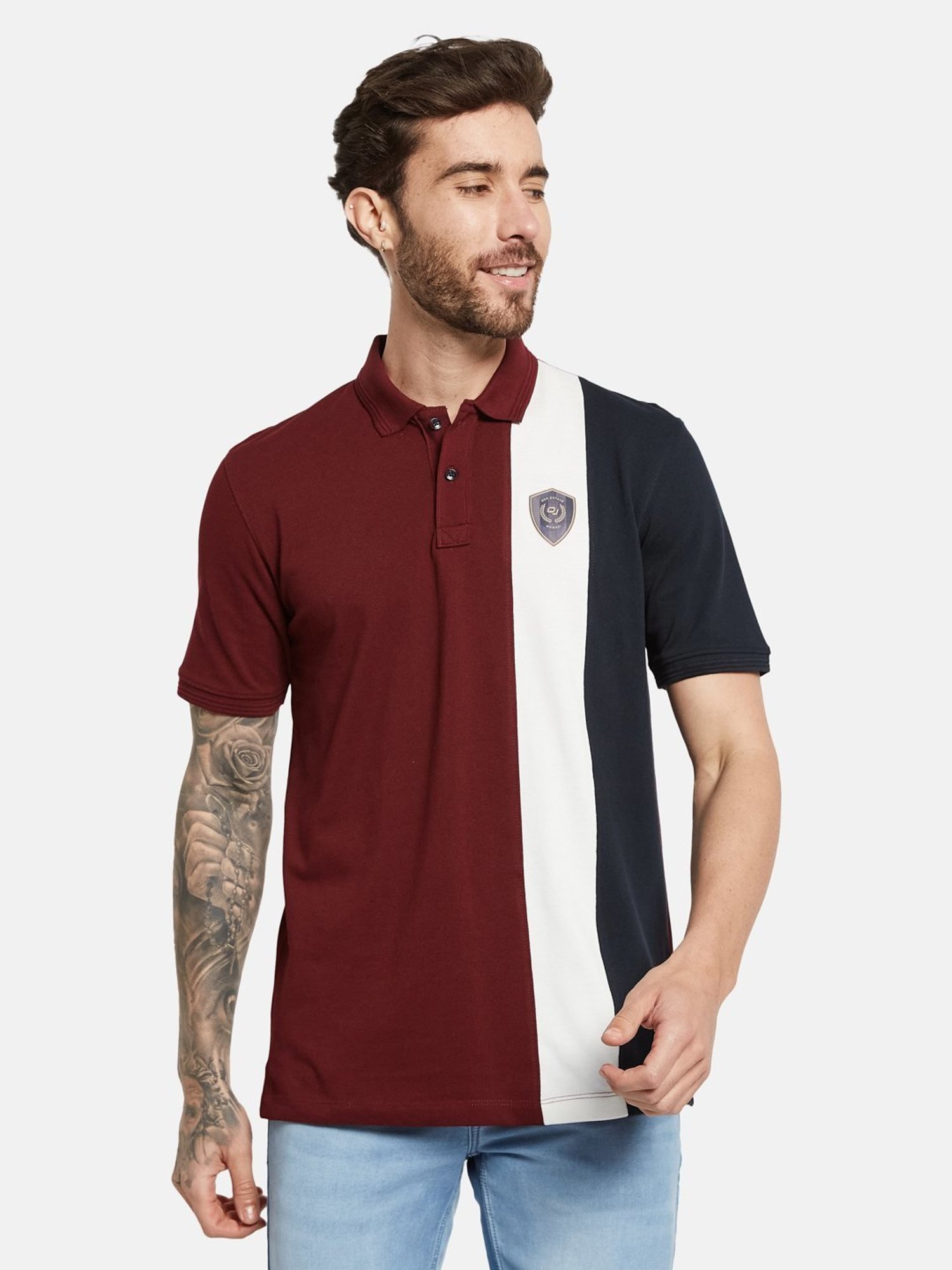 Octave Merlot Cotton Regular Fit Colour Block Polo T-Shirt