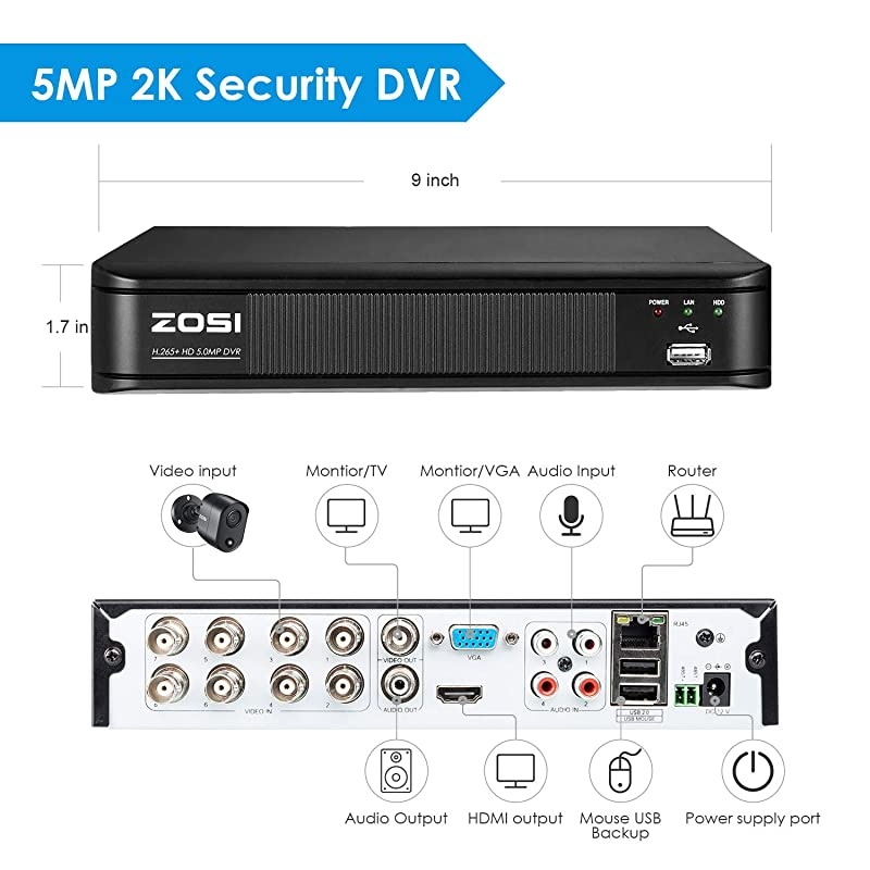 2K 5MP Home Security Camera System Outdoor Indoor, H.265+ CCTV DVR Recorder with Hard Drive 2TB and 8 x 2K(5MP) Surveillance Bullet Camera with PIR Motion Sensor (Heat and Motion), Remote Access