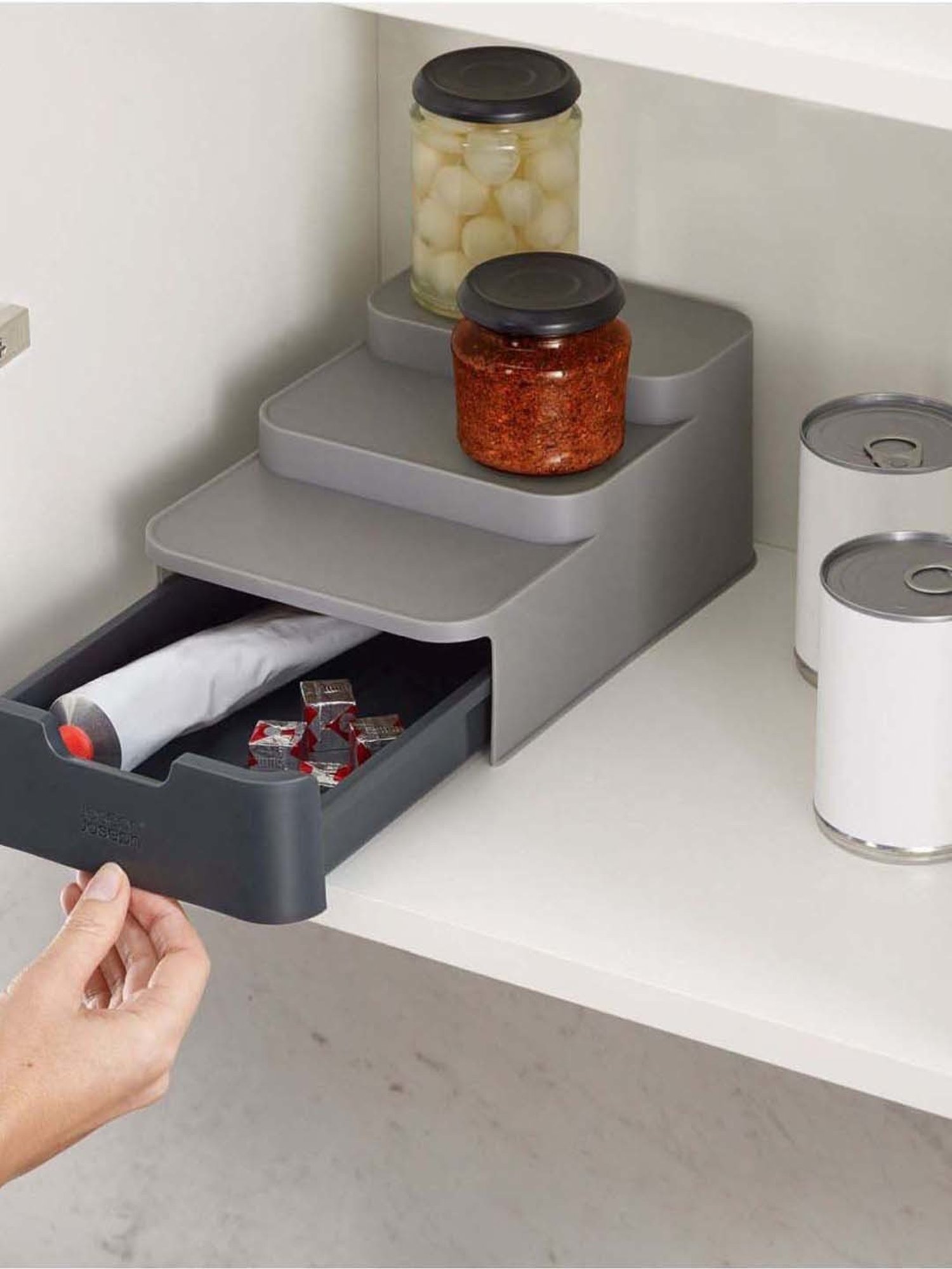 Joseph Joseph Grey Polypropylene 3-Tier Shelf Organizer With Drawer For Cabinet