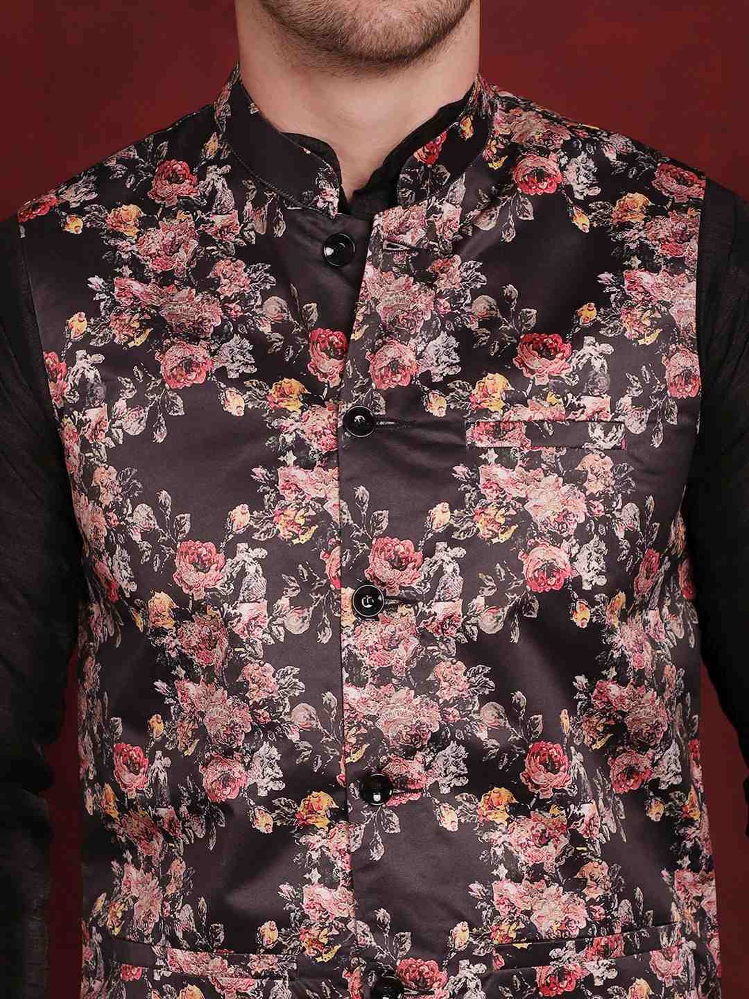 Jompers Black Regular Fit Printed Nehru Jacket
