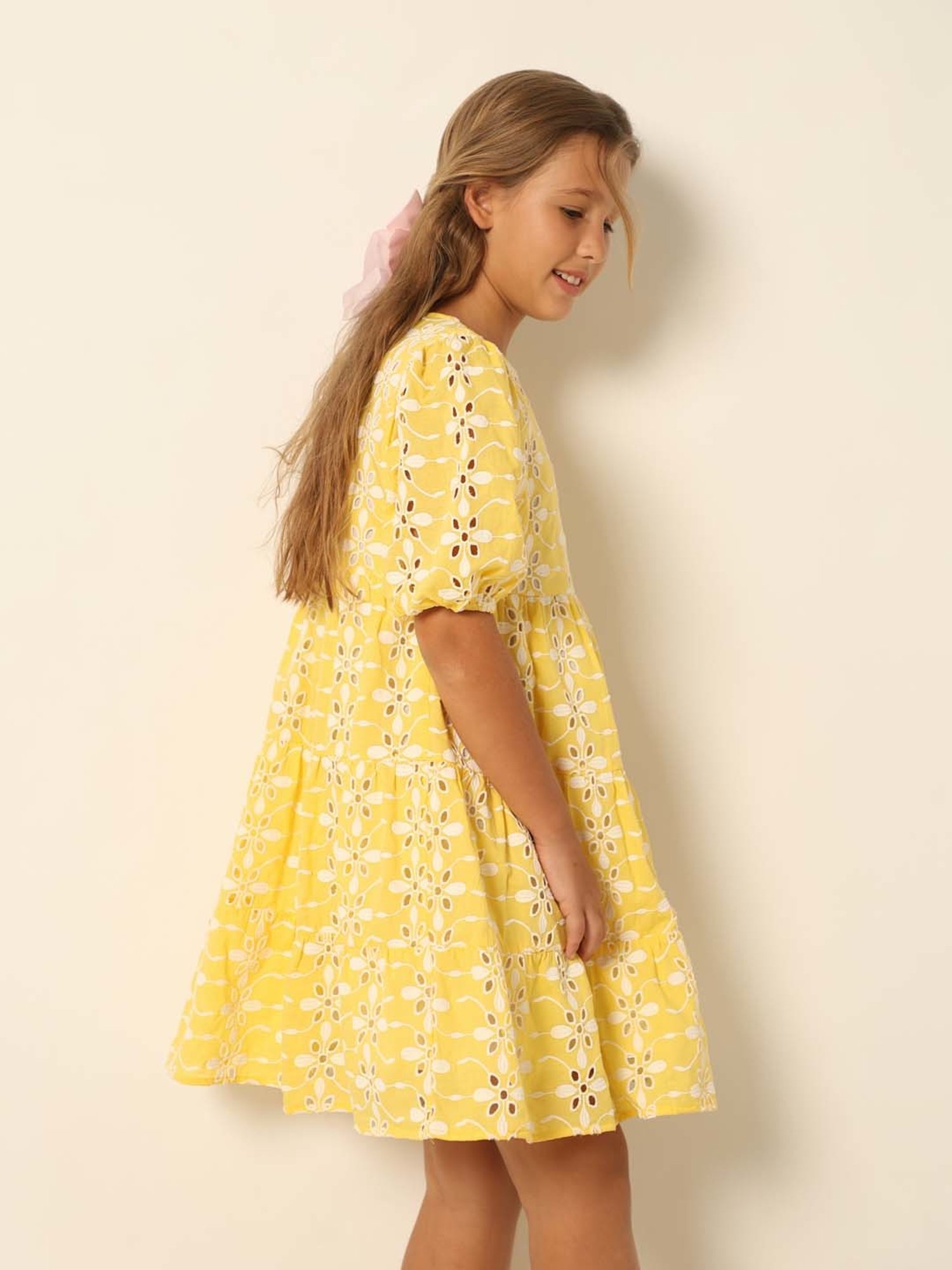 VERO MODA GIRL Yellow & White Cotton Embroidered Dress