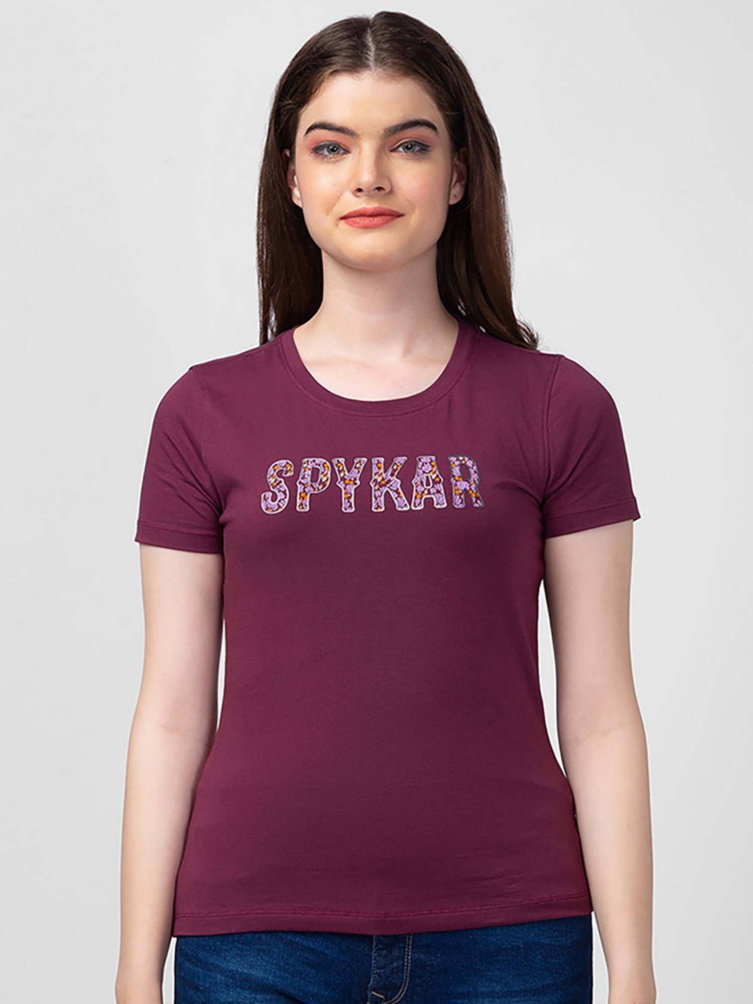Spykar Maroon Printed T-Shirt
