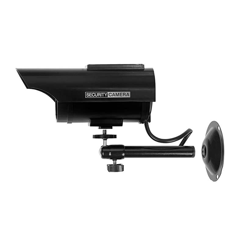 Solar Powered Bullet Dummy Fake Simulated Surveillance Security CCTV Dome Camera Indoor Outdoor with 1 LED Light, Security Alert Sticker Decal (SOLTC-B4), 4 Packs, Black