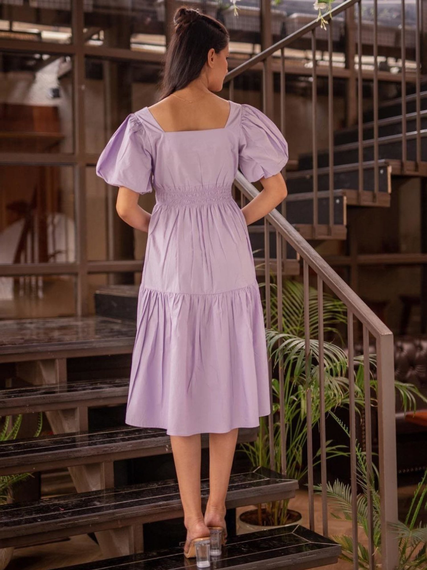 BInfinite Lavender Bishop Sleeve Shirred Waistline Dress
