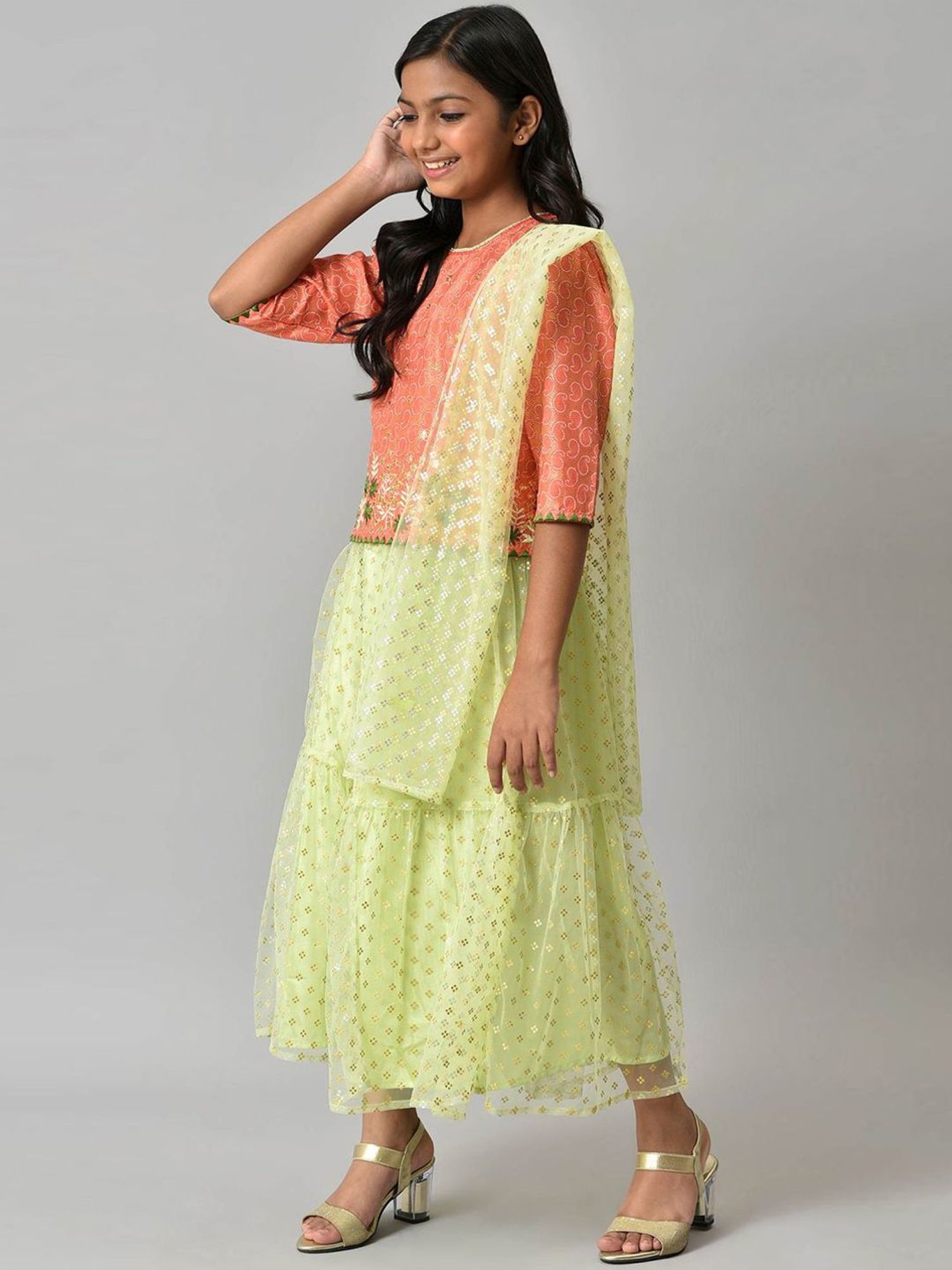 Aurelia Kids Orange & Green Printed Top Set