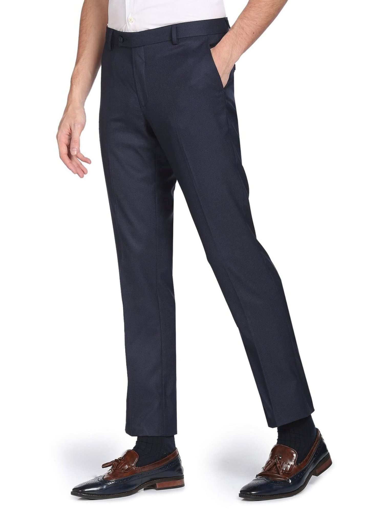 Arrow Navy Blue Regular Fit Texture Trousers
