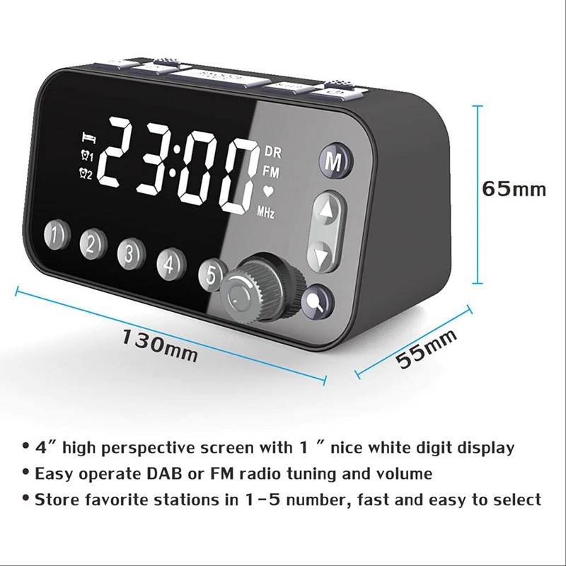 DAB Bedside Alarm Clock Radio Large Sn Dual Alarm Clock Dual USB Radio Sleep Timer FM Radio Clock