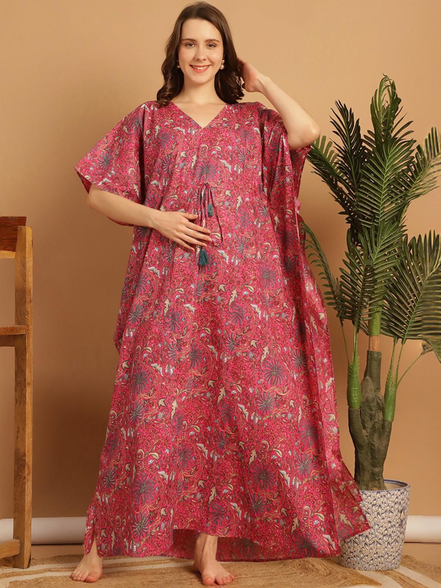Secret Wish Pink Cotton Floral Print Kaftan