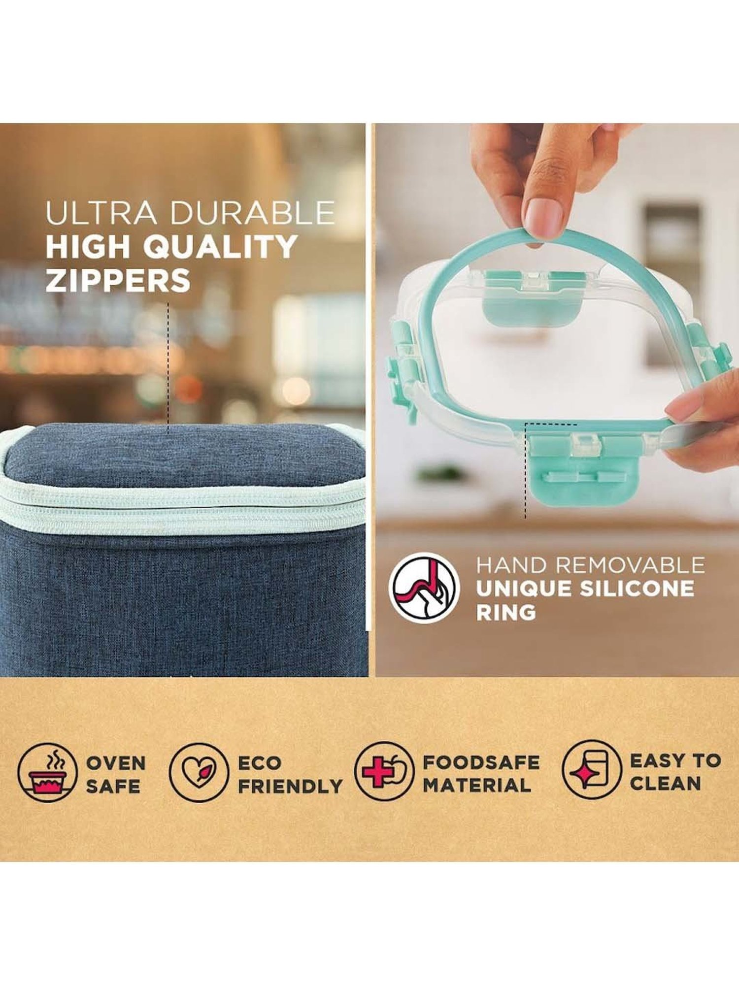 Allo Borosilicate Glass Lunch Box Microwave Oven Safe With Detachable Lock and Denim Blue Tiffin Bag