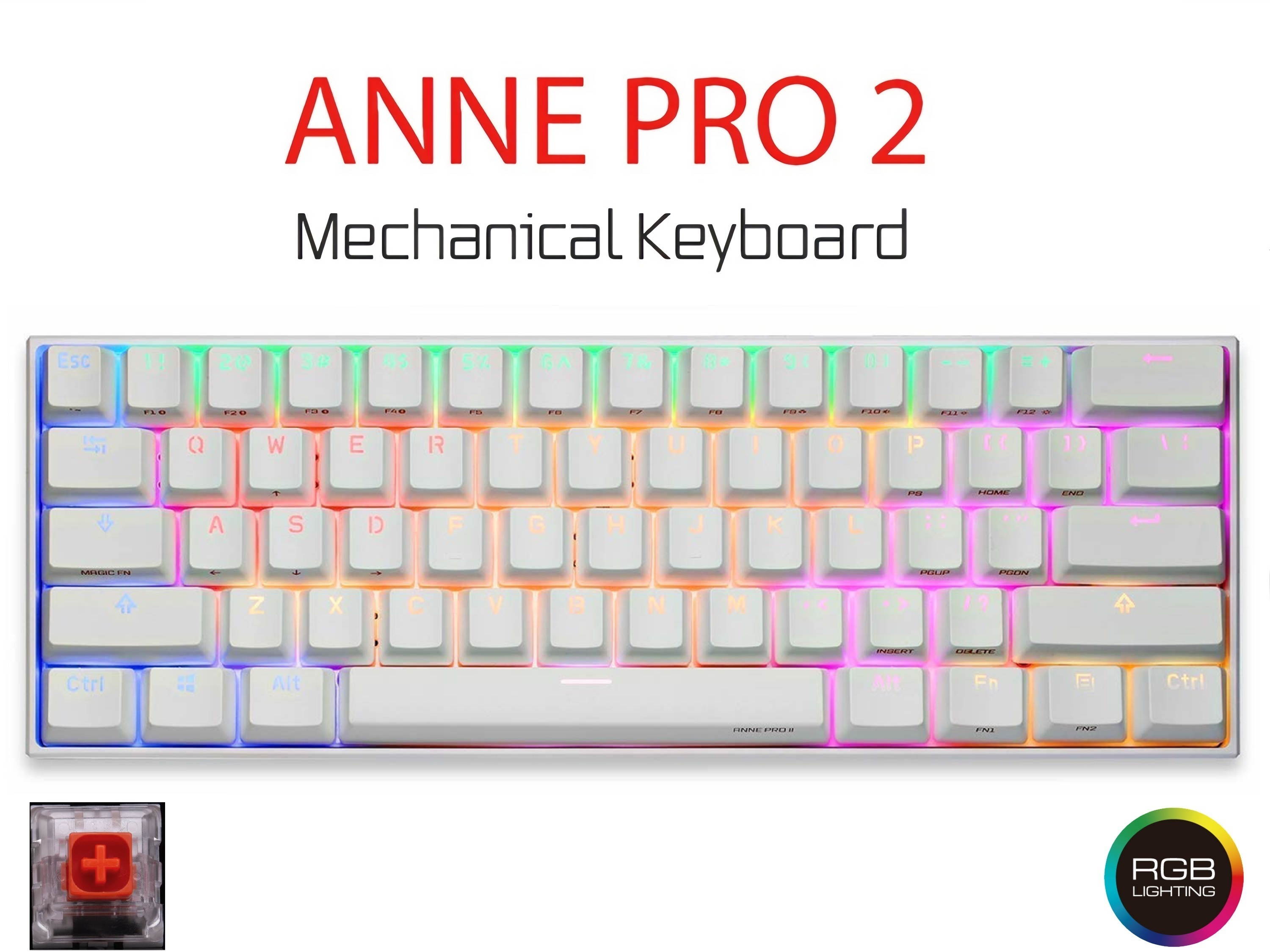 Anne Pro 2 Mechanical Keyboard 60% RGB Wired/ Wireless Gaming Keyboard Mac Bluetooth 4.0 PBT Type-c Kailh BOX Red Switch - Black