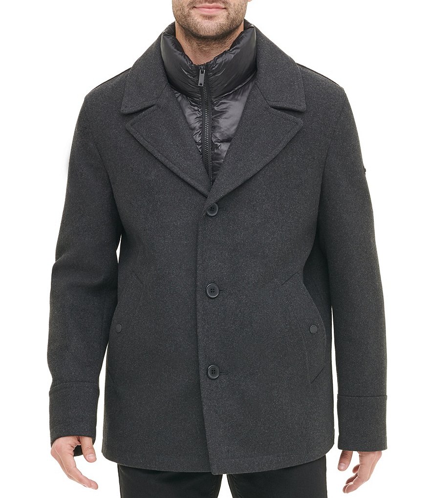 DKNY Long-Sleeve Nylon Quilted-Bib Wool-Blend Peacoat