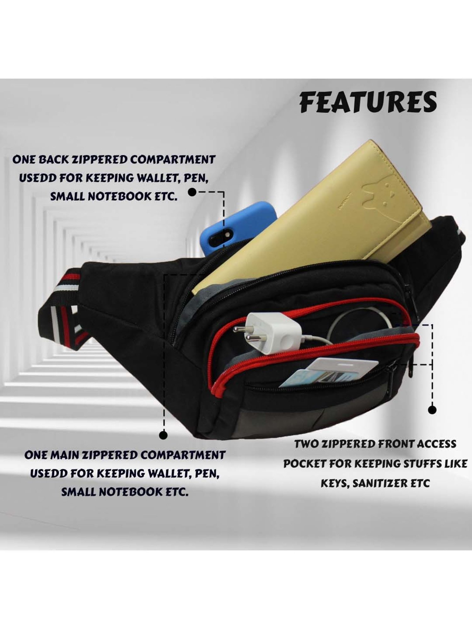 F Gear Black Solid Waist Pouch