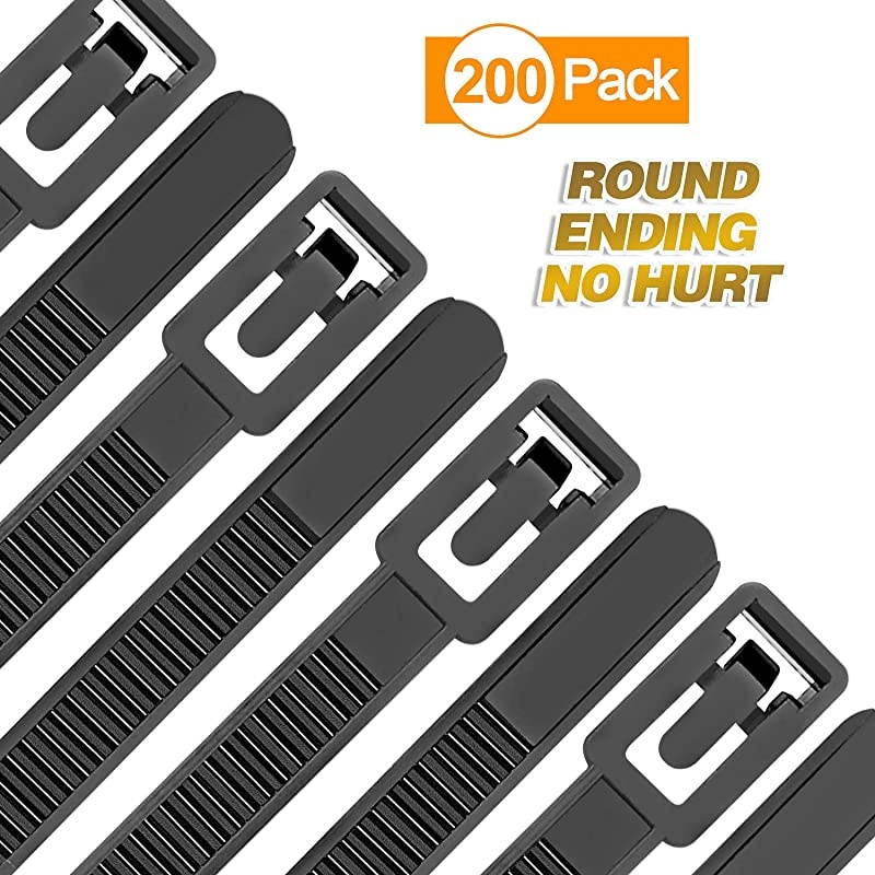 Zip Ties Heavy Duty 200 Packs Round Ending No Hurt 6+8+10+12 Inch Assorted Size Tie Wraps Ultra Strong Durable Black Cable Ties Indoor Outdoor MultiPurpose No Slip Off 200 Black