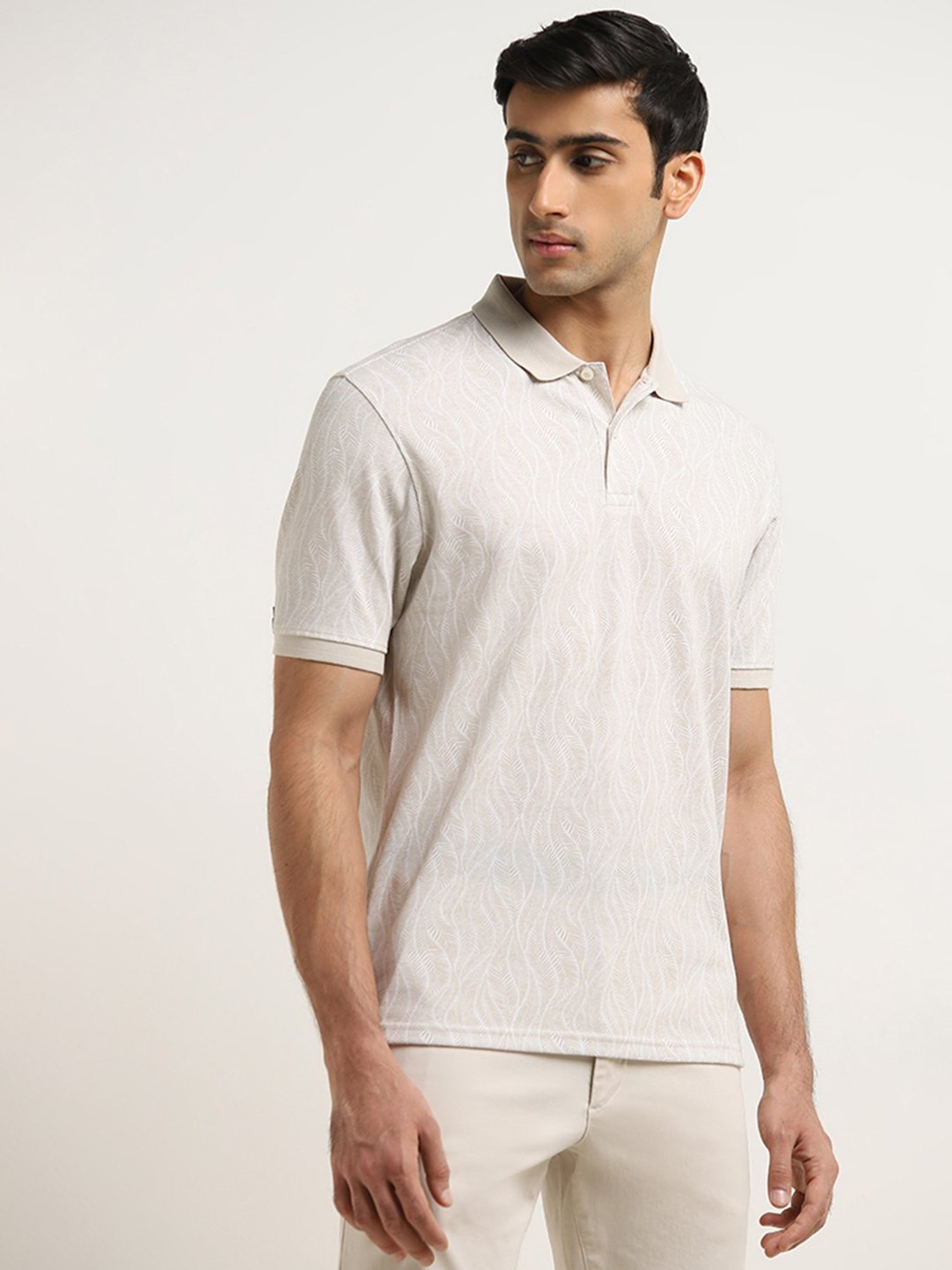 WES Casuals by Westside Beige Leaf Design Relaxed-Fit Polo T-Shirt