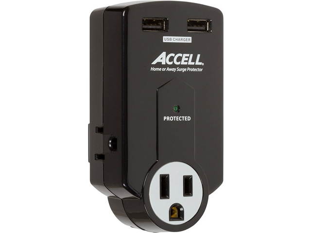 ACCELL D080B-011K Wall Mount 3 Outlets 612 Joules Travel Surge Protector with Dual USB Charging