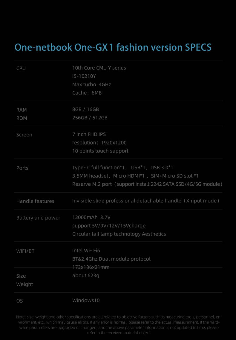 One Netbook OneGx1 Handheld Windows 10 Video Game Console Portable Gameplayer 7 Inch 1920 &times; 1200 Mini Pocket Laptop Intel 10th CPU CoRE I5-10210Y Ultrabook UMPC Tablet PC (16GB/512GB+WiFi)