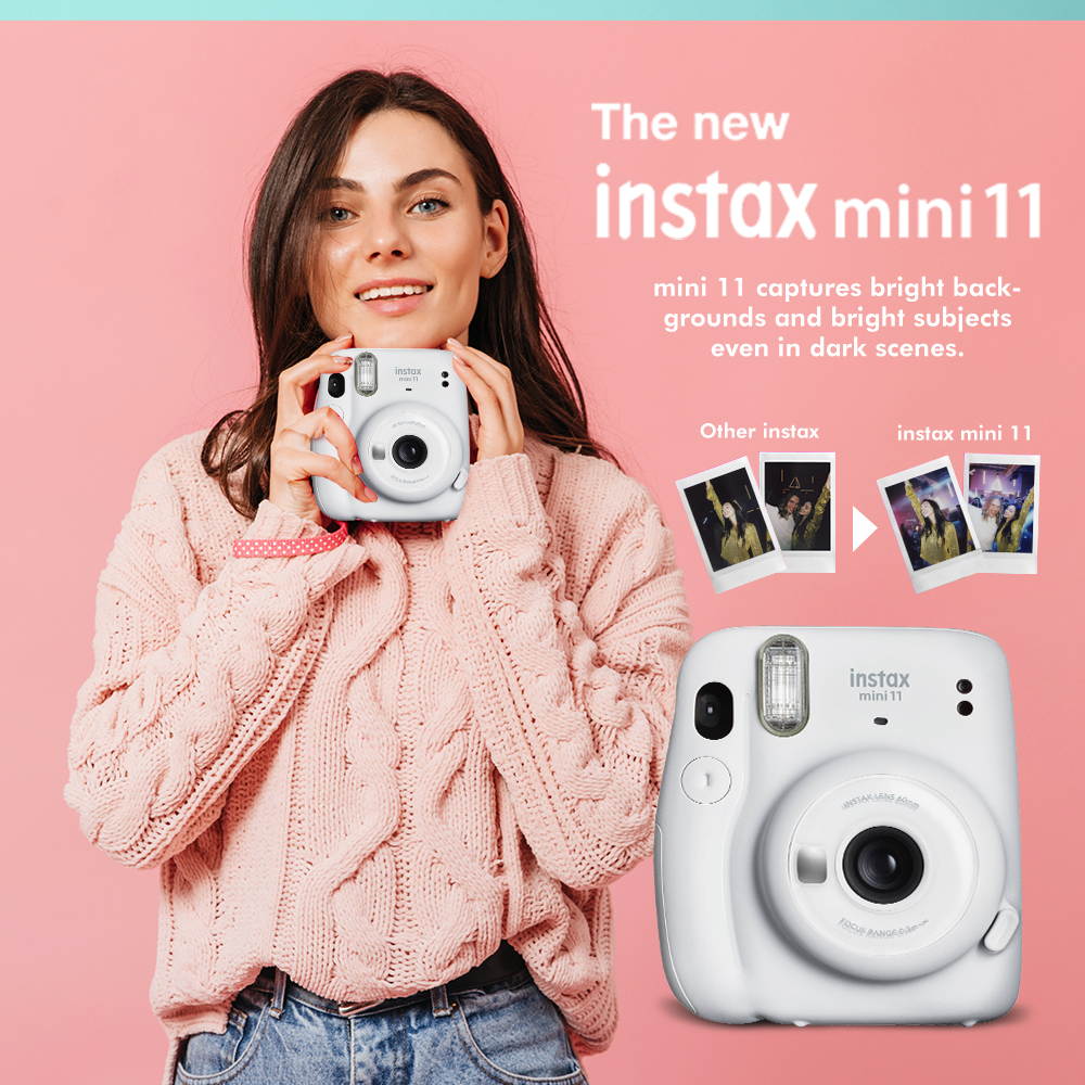FUJIFILM INSTAX Mini 11 Instant Film Camera (Ice White) + ACCESSORY BUNDLE THAT INCLUDES 4X Fujifilm Instax Mini Twin Film (80 Exposures), Camera Carrying Case, Camera Strap & Funky Film Frames