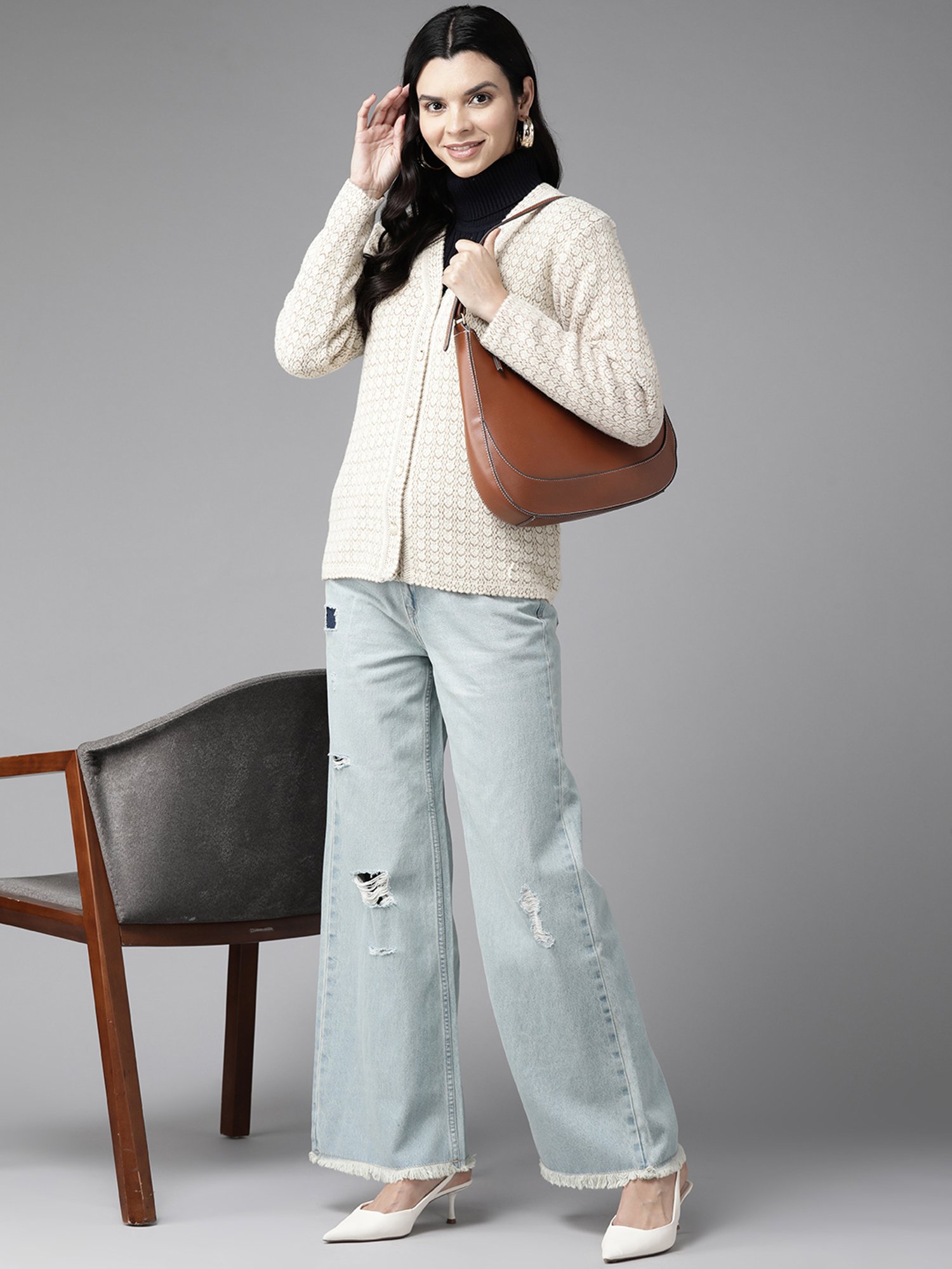 Cayman Beige Self Pattern Cardigan