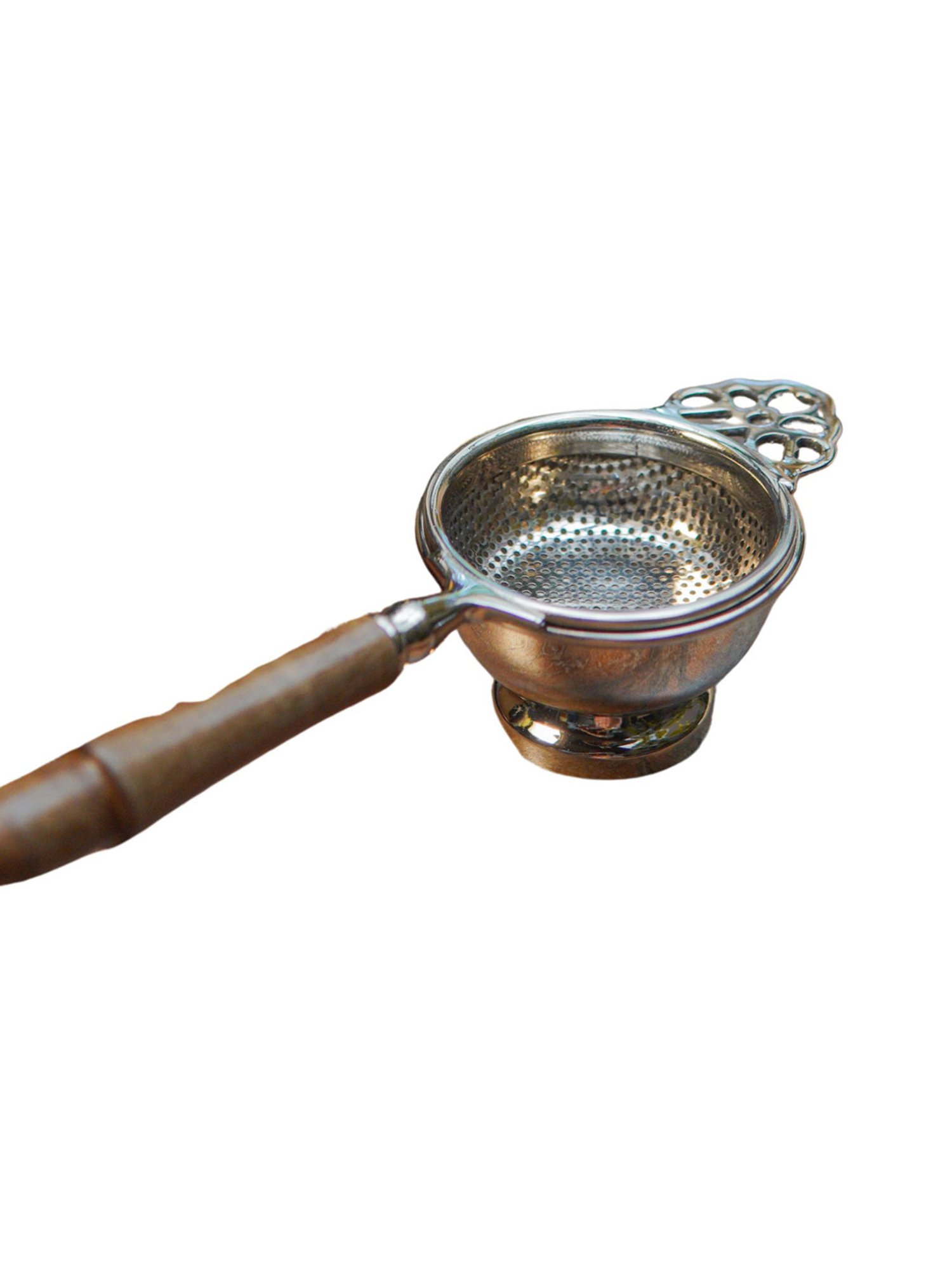 Ambi Pure Brass Punched Flower Medium Sized Tea Strainer - Gold Matte Finish With Wooden Handle