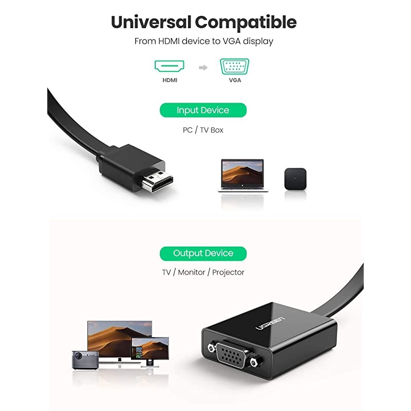Active HDMI to VGA Adapter with 3.5mm Audio Jack HDMI Male to VGA Female up to 1080P for PC Laptop Ultrabook Raspberry Pi Chromebook Black