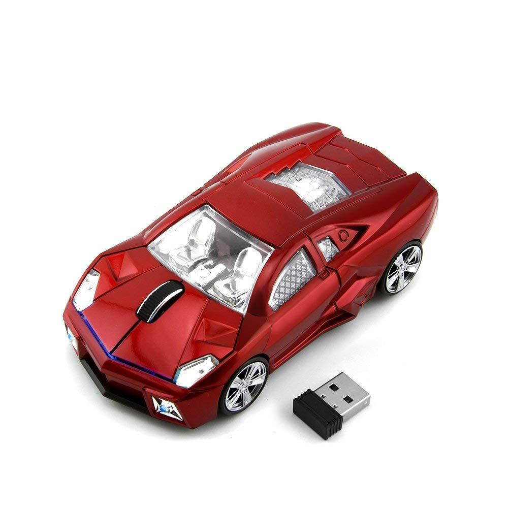 CHUYI Cool Sport Car Shape 2.4Ghz Wireless Mouse 3 Button 1600DPI High Tracking Speed Optical Mouse Gaming Mice USB Receiver for PC Laptop Computer (Red)