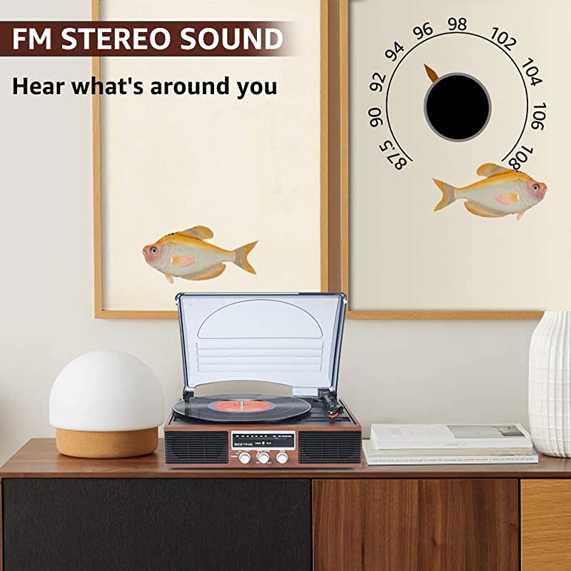 Player Bluetooth Turntable with Stereo Speakers Portable BeltDriven Nostalgic LP Vinyl Player with FM Stereo Radio Line Output