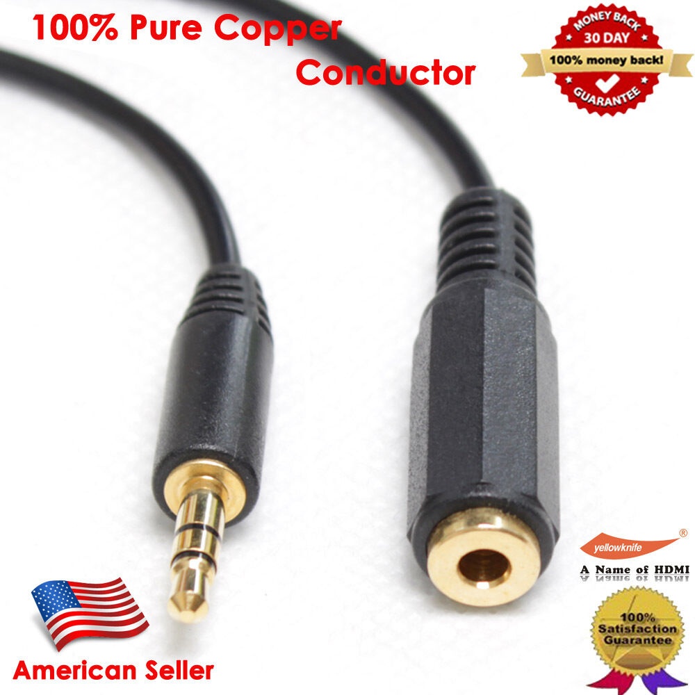 Gold 3FT Stereo Headphone 3.5 mm Male/Female Audio Extension Cable, Black