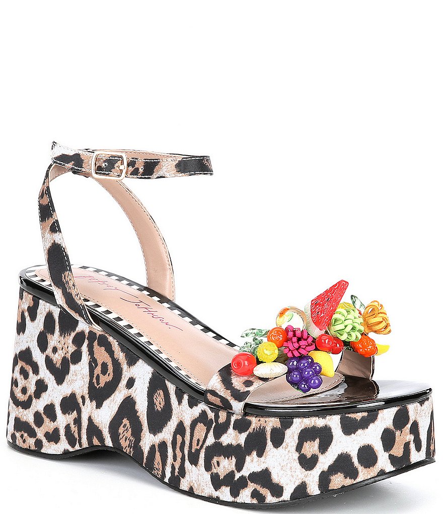 Betsey Johnson Veraa Leopard Print Platform Wedge Fruit Embellished Sandals