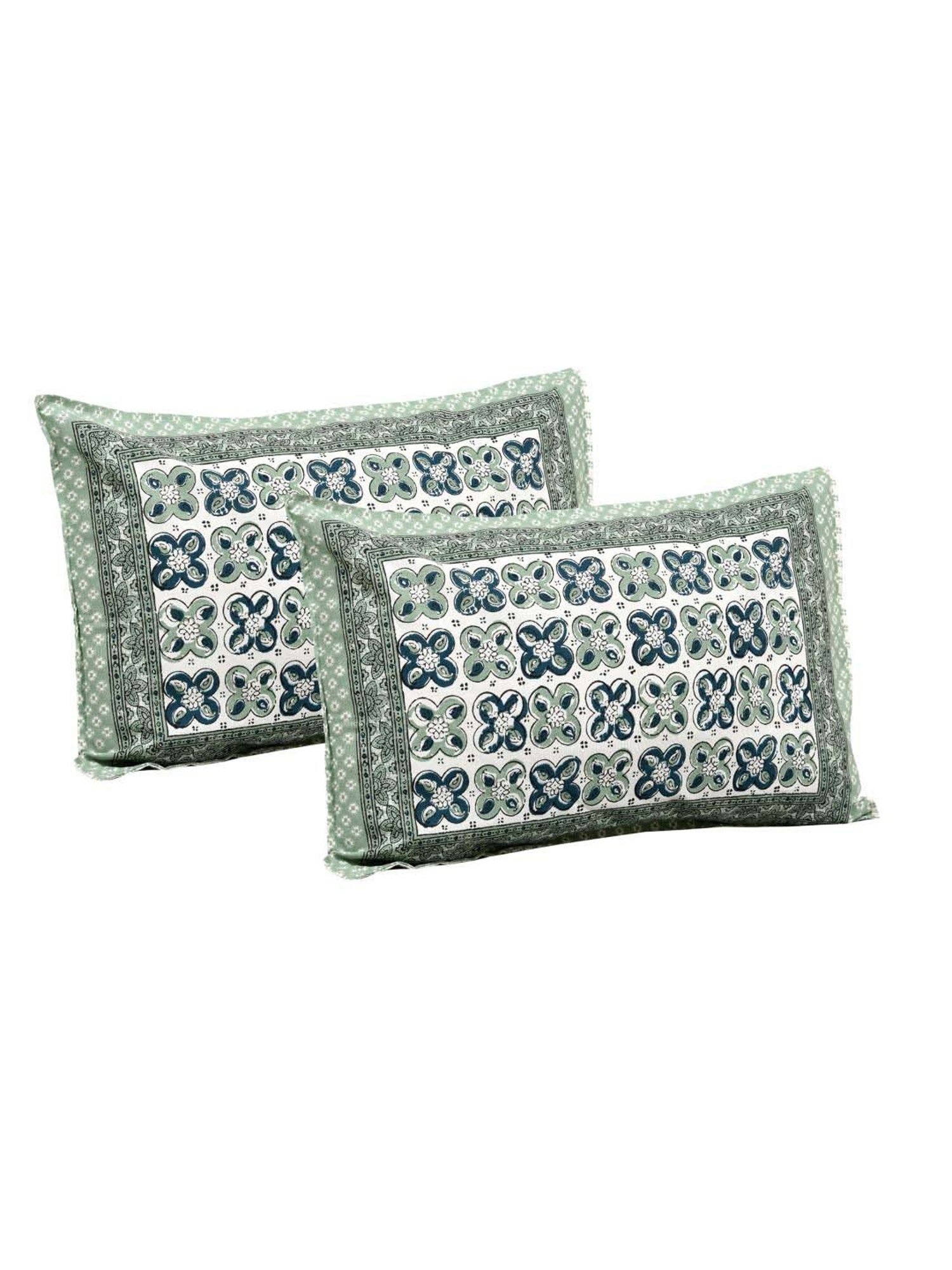 JaipurFabric Green 180 TC 100% Cotton Mini Blocks Double Bedsheet with 2 Pillow Covers