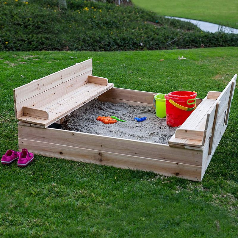 Be Mindful 50 x 48-Inch Solid Wood Natural Finish Untreated Extra Large Outdoor Kids Sandbox with Lid Cover and Folding Bench Seat