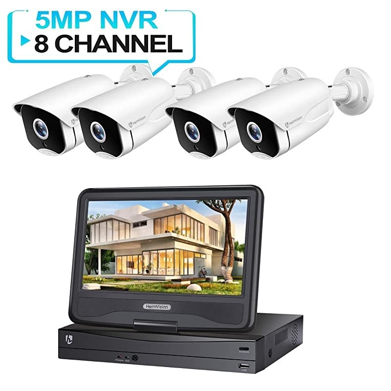 5MP PoE Security Camera System with 10 inch LCD Monitor, 8CH NVR 4Pcs Security Camera Outdoor with Night Vision, Waterproof, Motion Detection, Remote Access, No Hard Drive