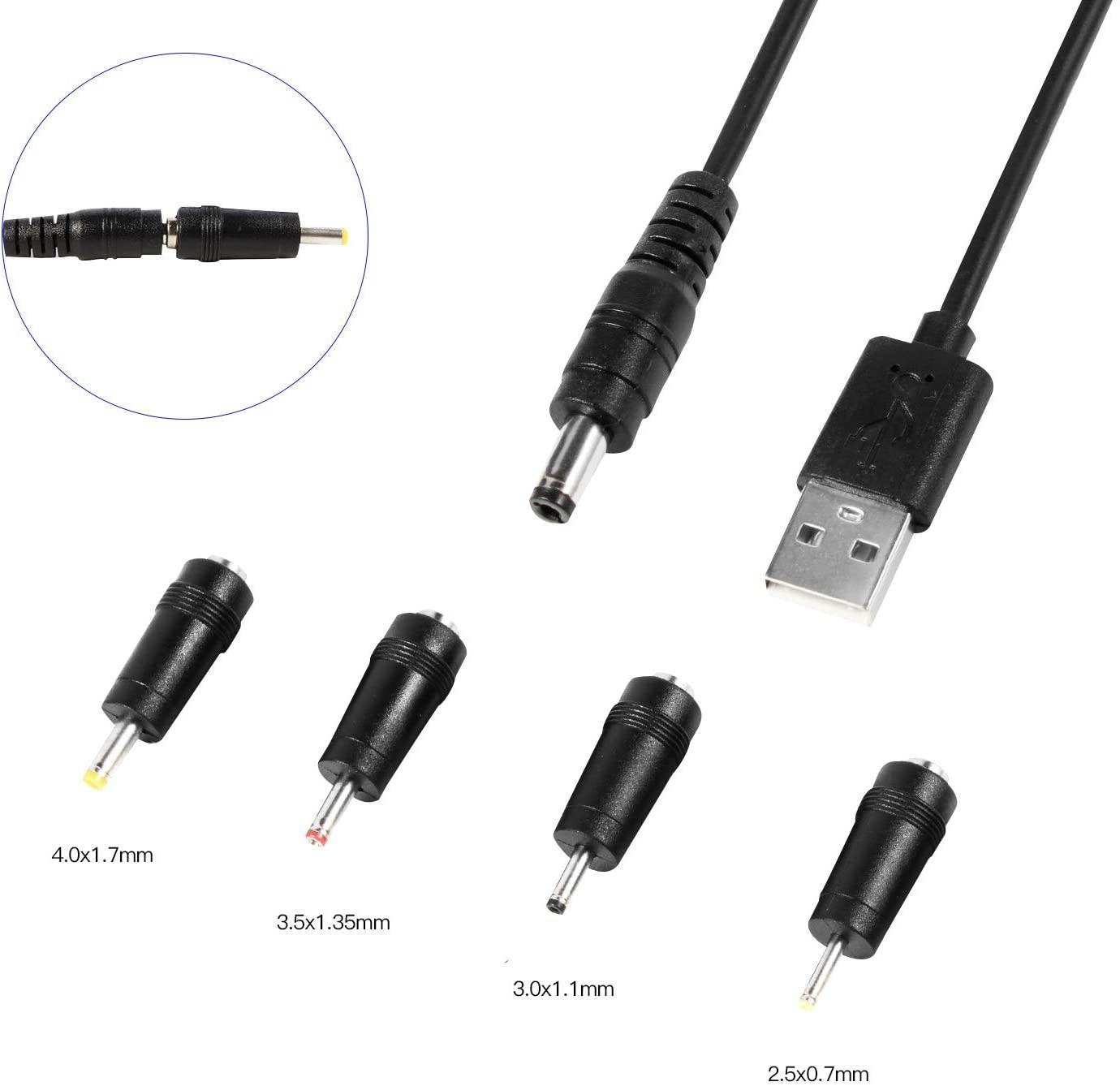 Onite Female 5.5x2.1mm to Male 4.0x1.7mm, 3.5x1.35mm, 3.0x1.1mm, 2.5x0.7mm Jack, USB to DC 5.5x2.1mm Cord (DC4+1)