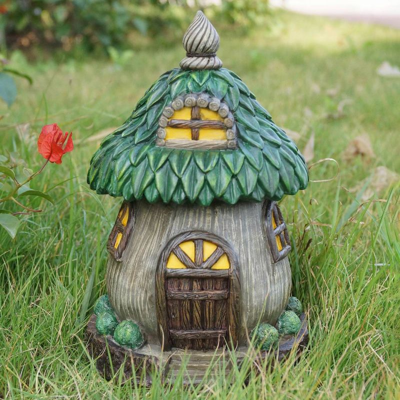 9.5" Polyresin Fairy Garden House with Leaf Covered Roof Brown/Green - Hi-Line Green