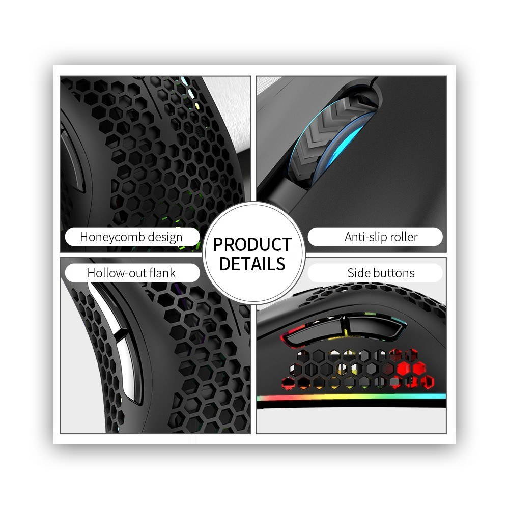 2.4G Wireless Gaming Mouse Rechargeable Mouse with RGB Light Effect 3 Adjustable DPI Hollowed-out Honeycomb Design