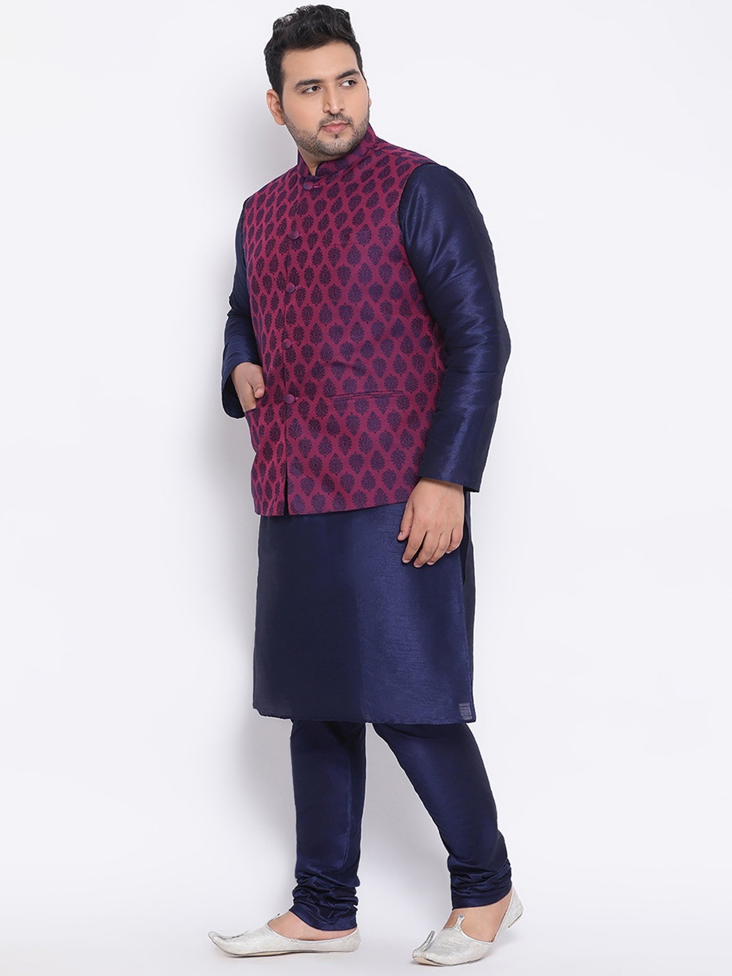 KISAH PLUS Navy & Purple Regular Fit Printed Kurta Set With Jacket