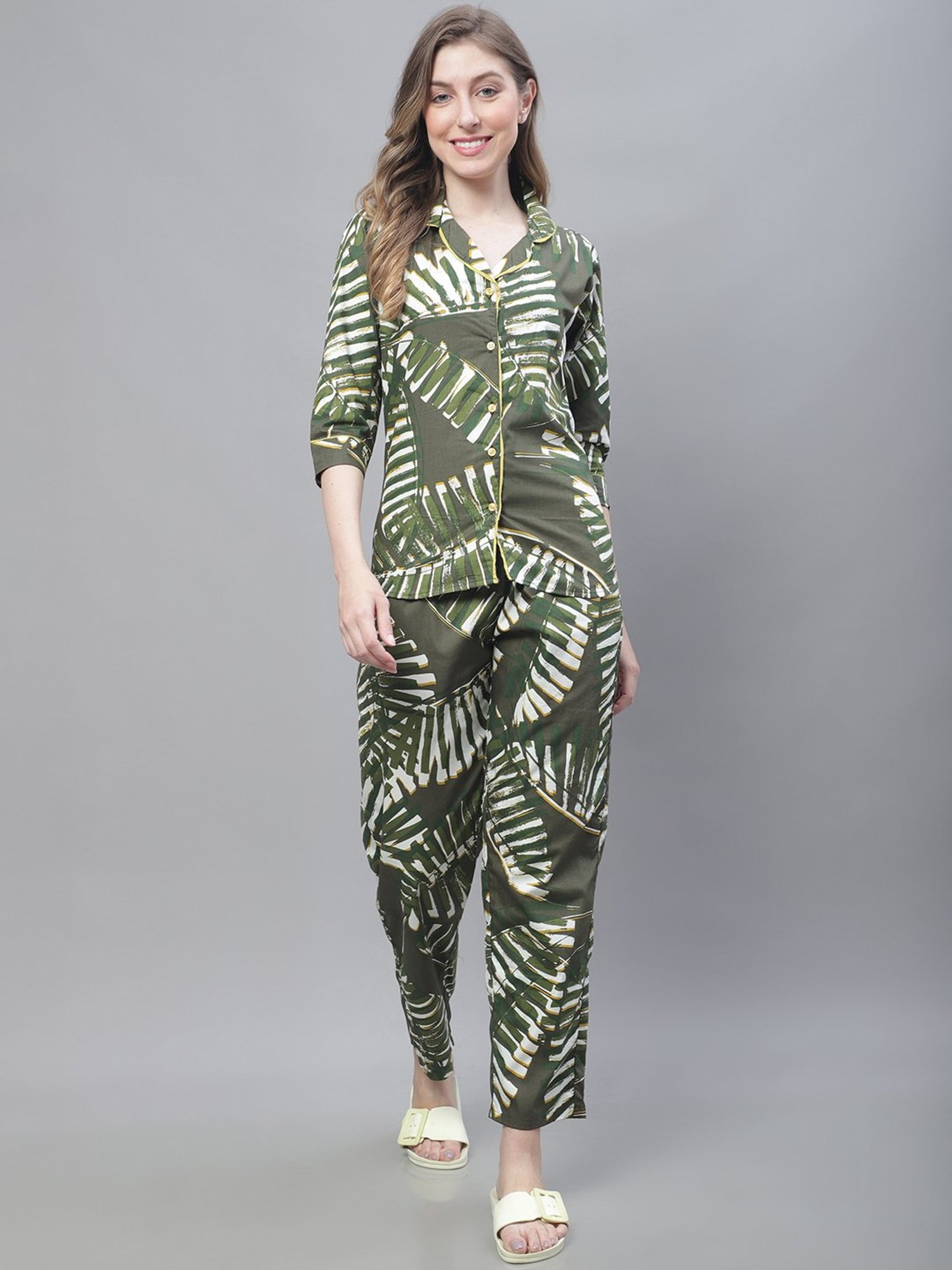 TAG 7 Green Cotton Printed Shirt Pyjama Set