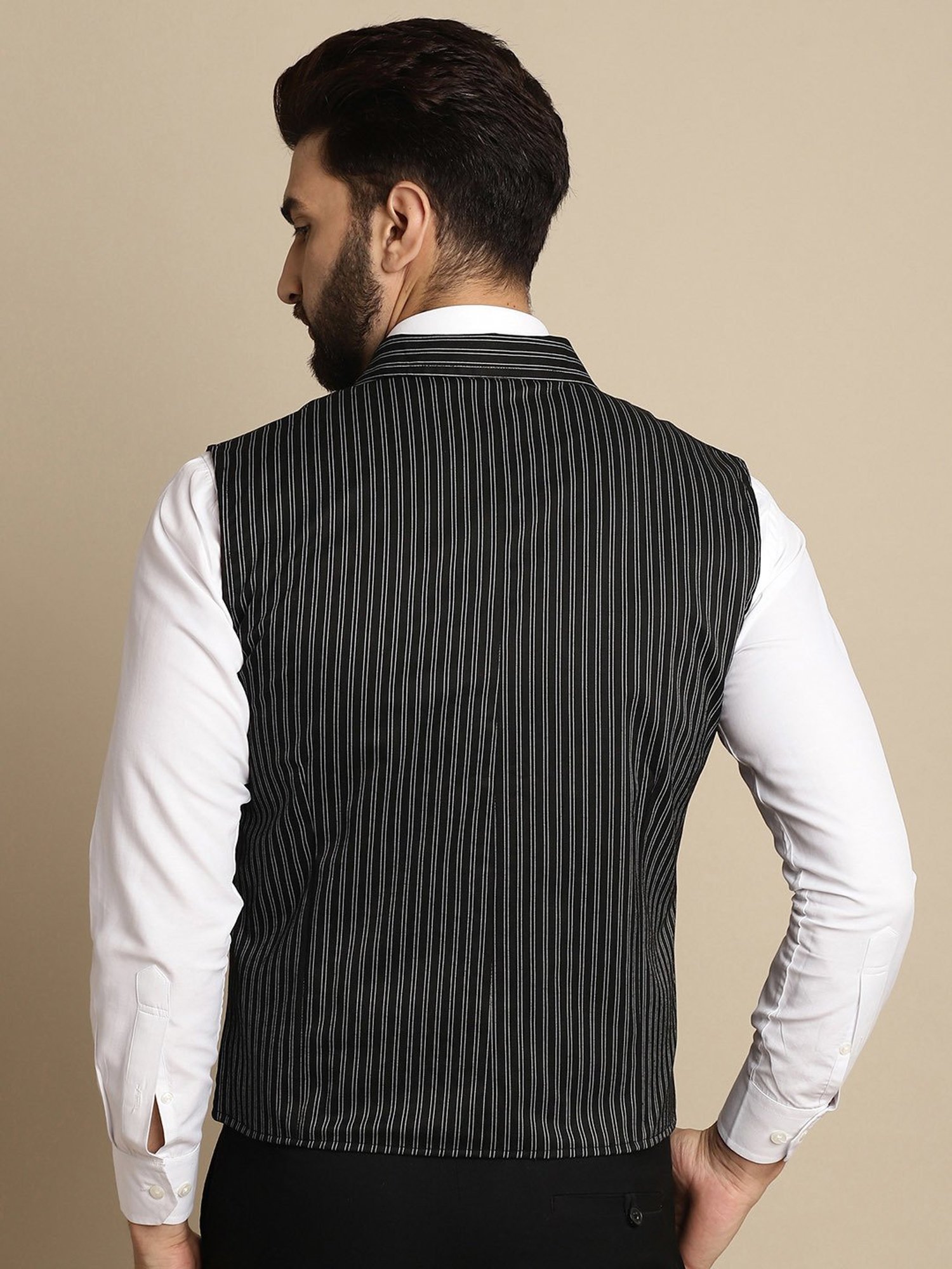 Even Black Regular Fit Striped Notch Lapel Waistcoat