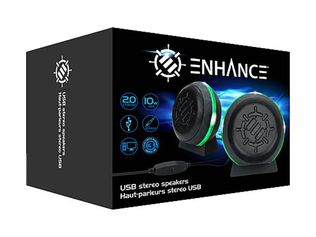 ENHANCE Gaming LED Computer Speakers with Subwoofer, Powerful 5 Watts Drivers and In-Line Volume Control - Green Lights, USB 2.0 Powered, 3.5mm Connection for PC, Desktop, Laptop, Notebook