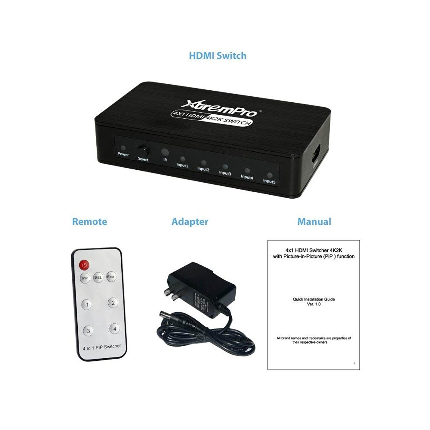 XtremPro 4K2K 4x1 HDMI Switcher w/Picture-in-Picture (PiP), Wireless Remote Control, Supports Full HD 720p,1080i, 1080p, 3D, 4K2K, for HDTV, Blue-ray, Xbox, PC, Theater Systems etc. - Black (61033)